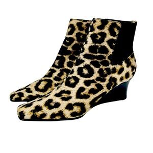 BANDOLINO‎ Leopard Print Wedge Booties Ankle Boots Sz 7.5 Square Toe Cheetah